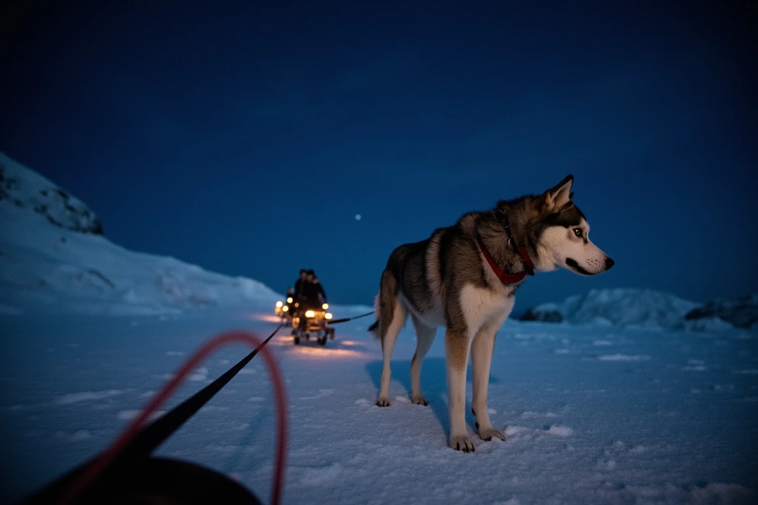 Most Famous Dogs in History: 22 Iconic Canines Who Made Their Mark 14 A husky-type sled dog leading a dog sled team across a frozen icy landscape at night