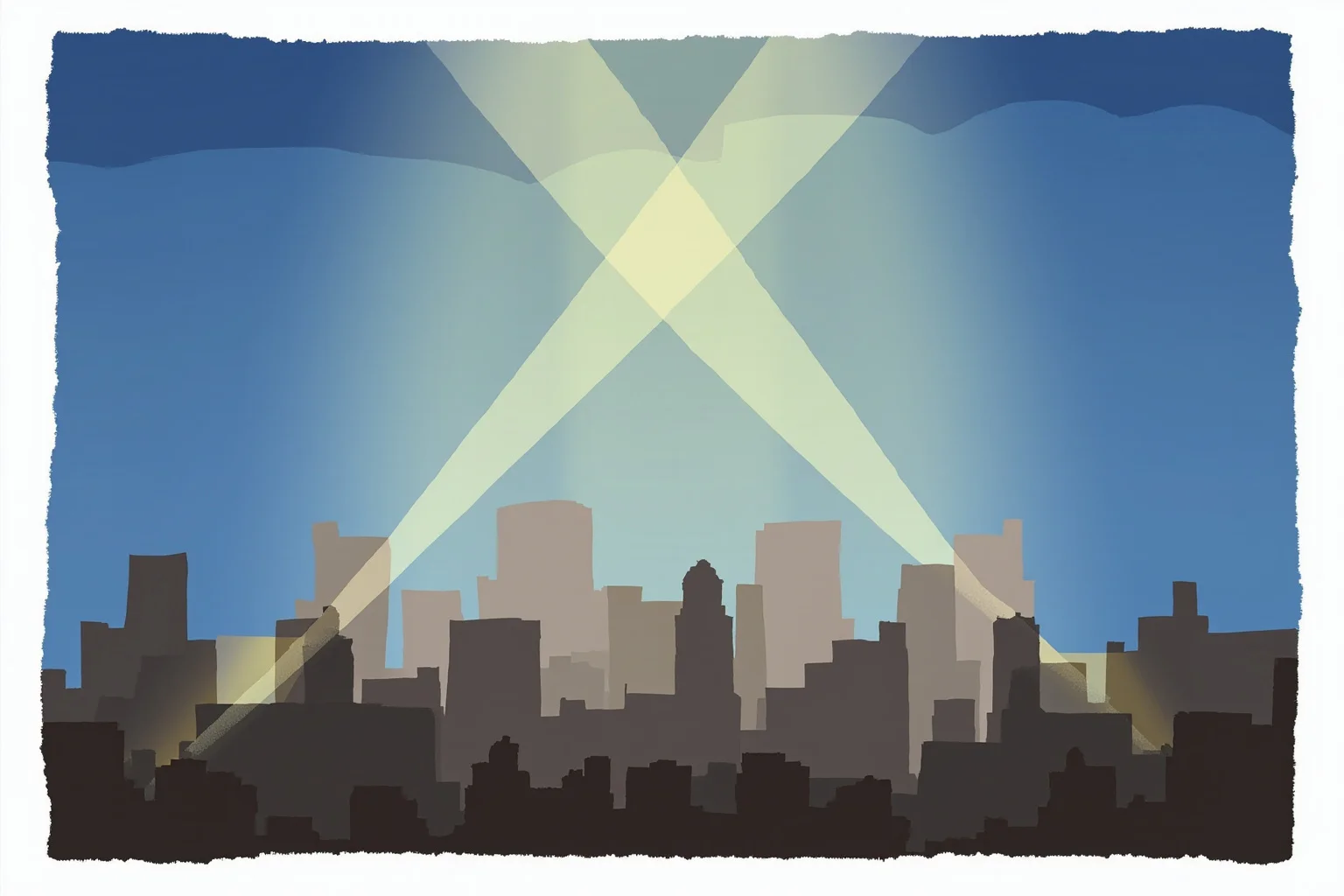 23 Worst Things That Ever Happened in History 23 A illustrated city skyline at dawn with two light beams rising into the sky, symbolizing quiet memorial tribute