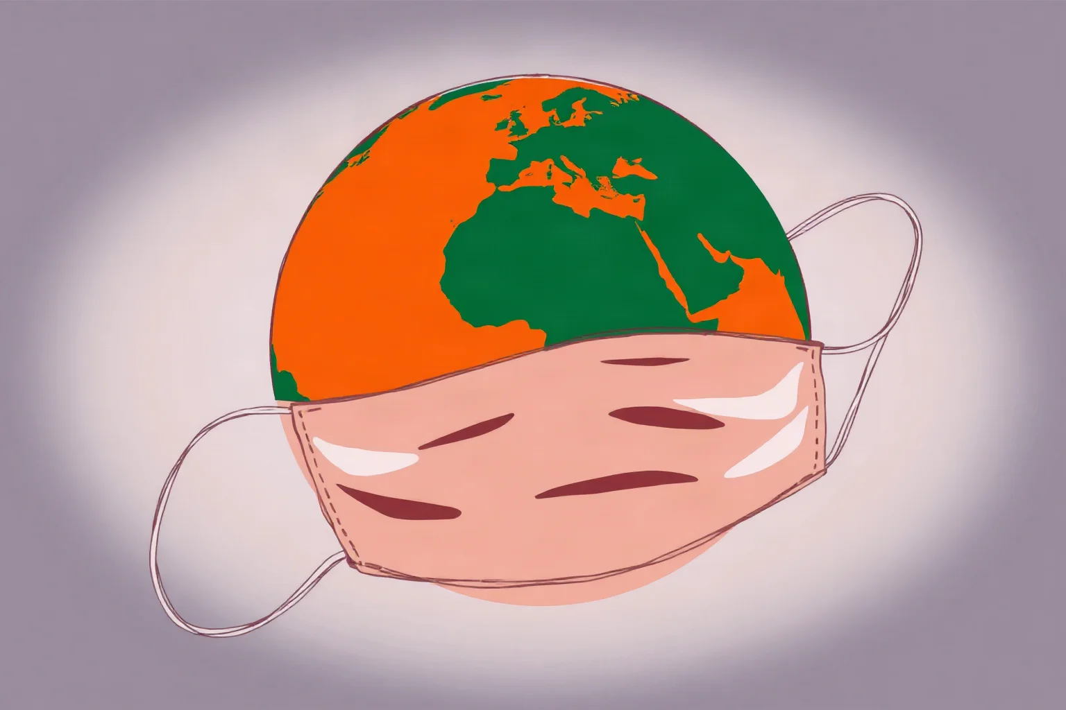 A illustration of a globe wrapped loosely in a medical mask with faint cityscape silhouette behind it, symbolic pandemic-era illustration.