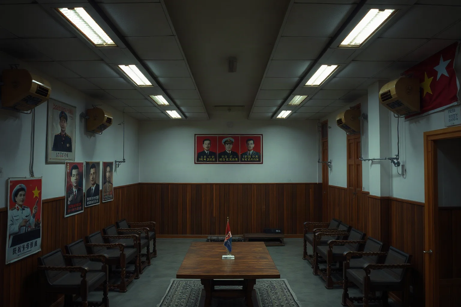 A interrogation room or prison facility with harsh overhead lighting and propaganda posters on walls, evoking Southeast Asian authoritarian regime