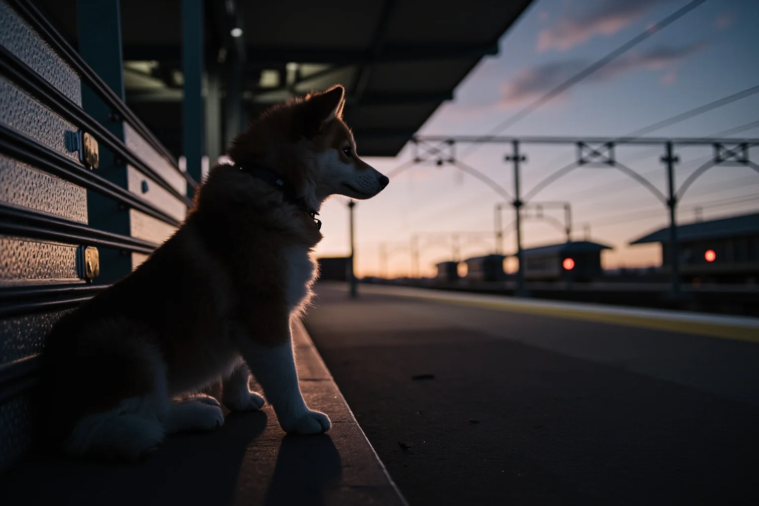 Most Famous Dogs in History: 22 Iconic Canines Who Made Their Mark 12 A Japanese Akita dog sitting patiently on a train station platform at dusk