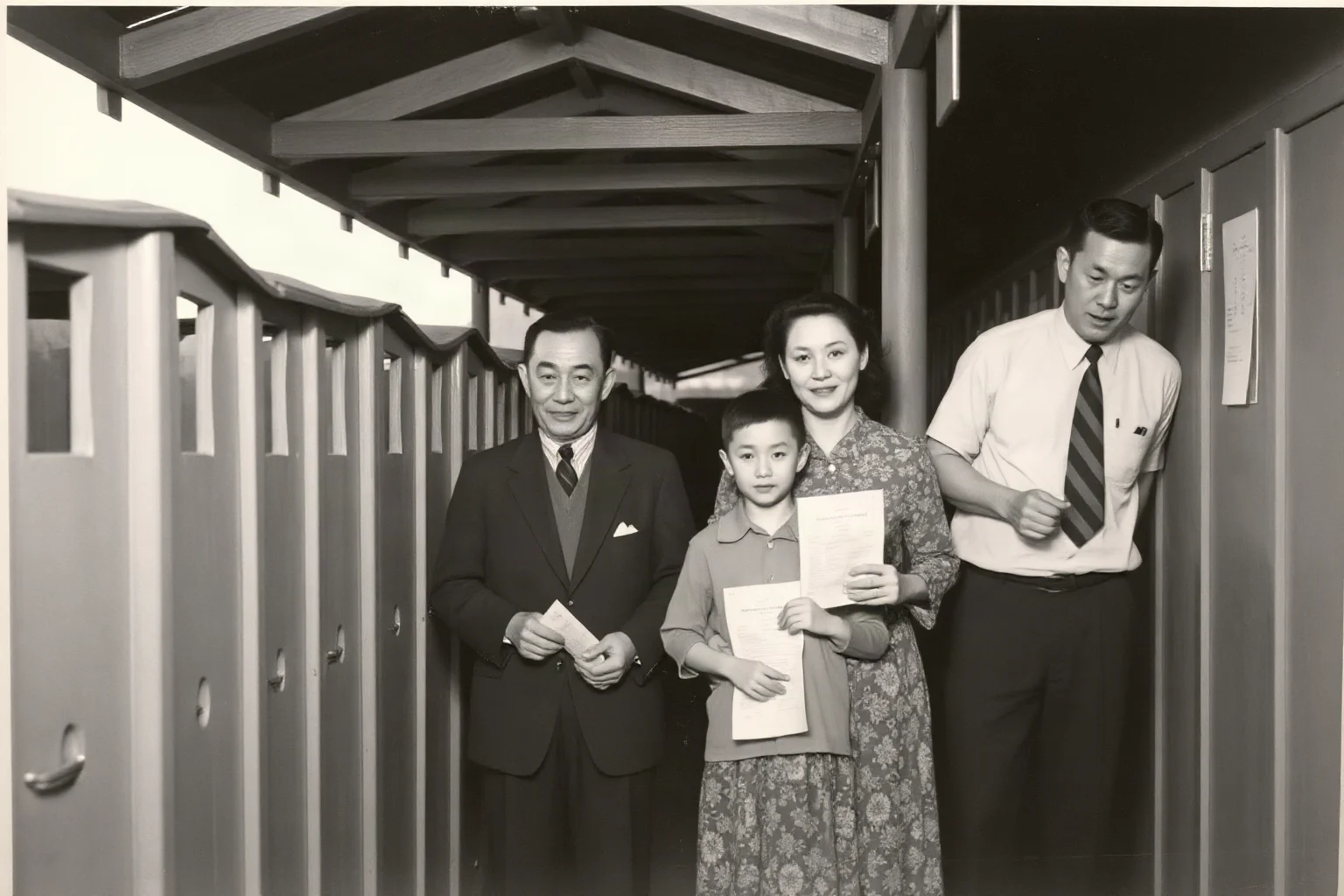 A Japanese American family being processed at an internment camp during World War II, showing documentation and barracks