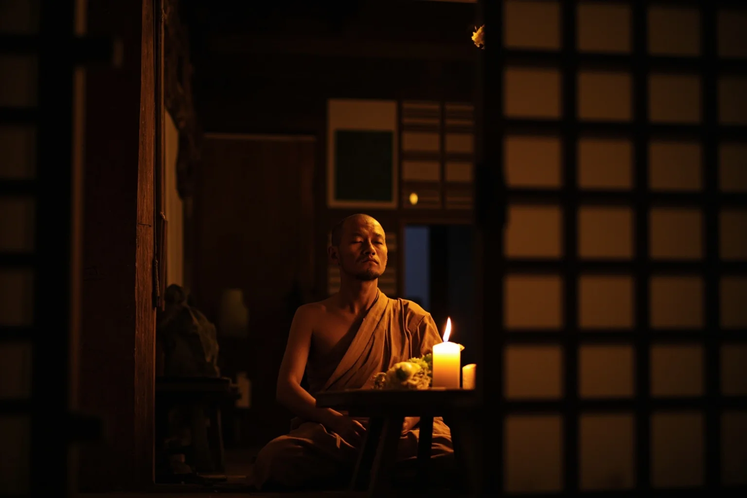 A Japanese Buddhist monk in traditional robes seated in meditation inside a simple wooden temple, candlelight atmosphere
