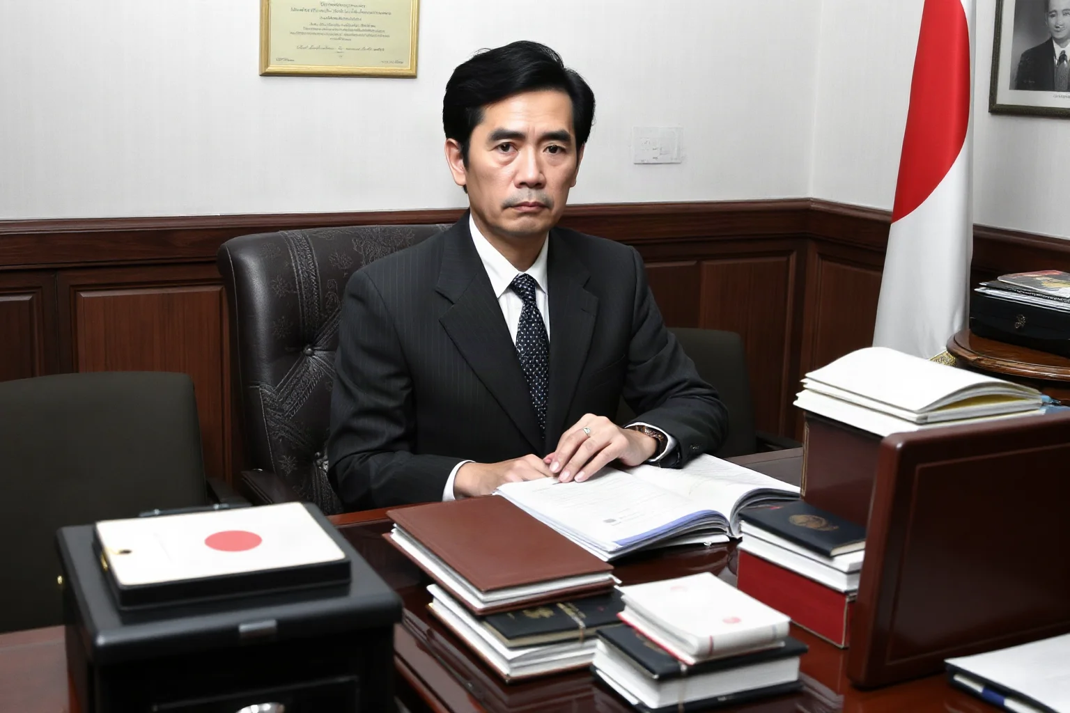 A Japanese diplomat at a desk covered in passports and transit visas, defying orders to save refugees