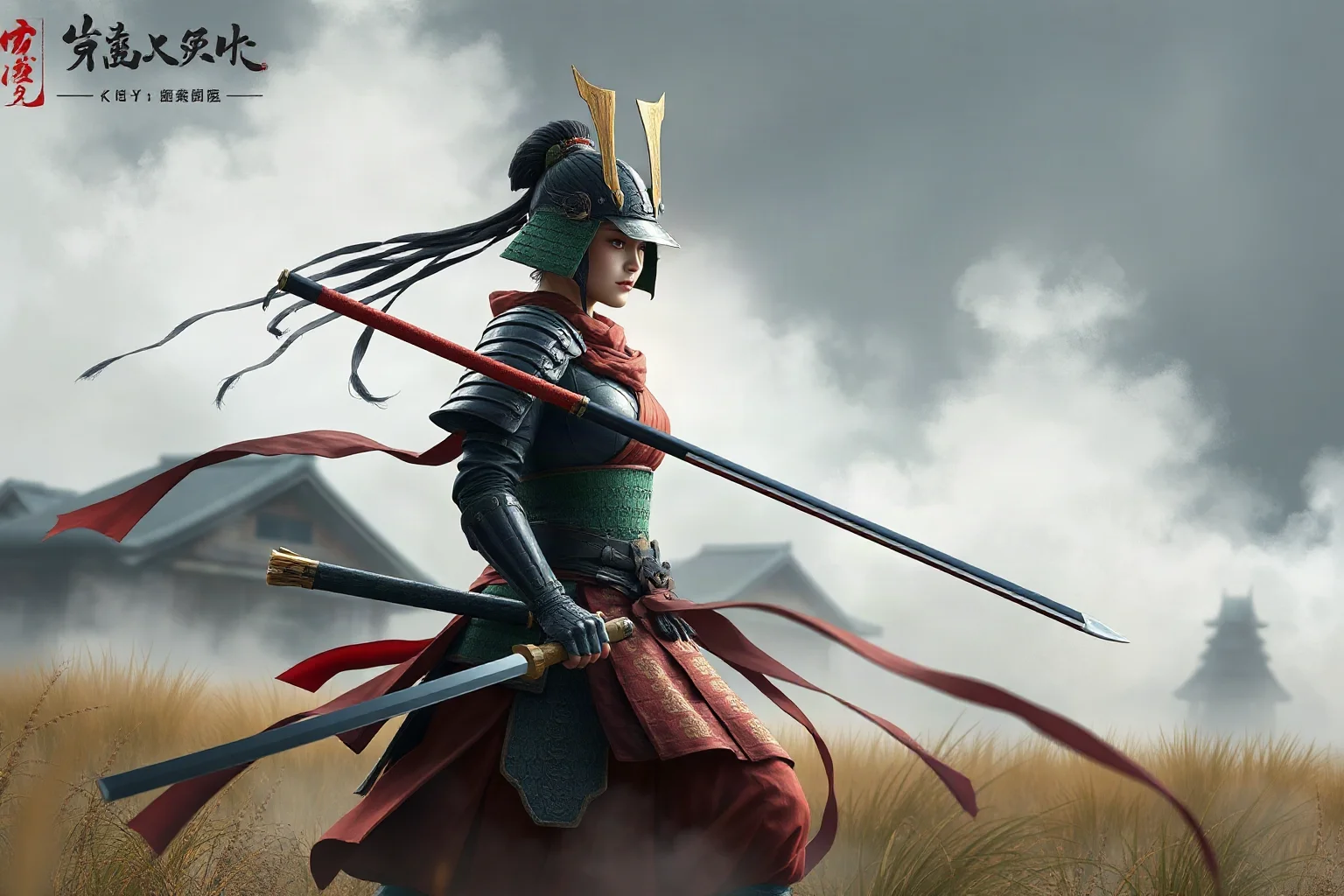A Japanese female samurai in traditional armor holding a naginata polearm on a misty battlefield, historical illustration