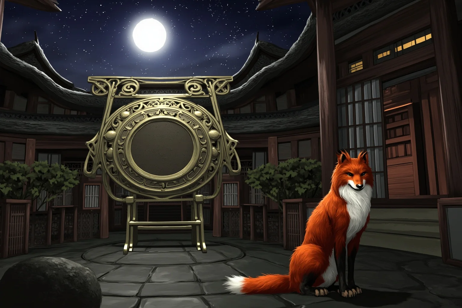 A Japanese kitsune fox spirit beside an ornate bronze mirror in a moonlit shrine courtyard, folklore art