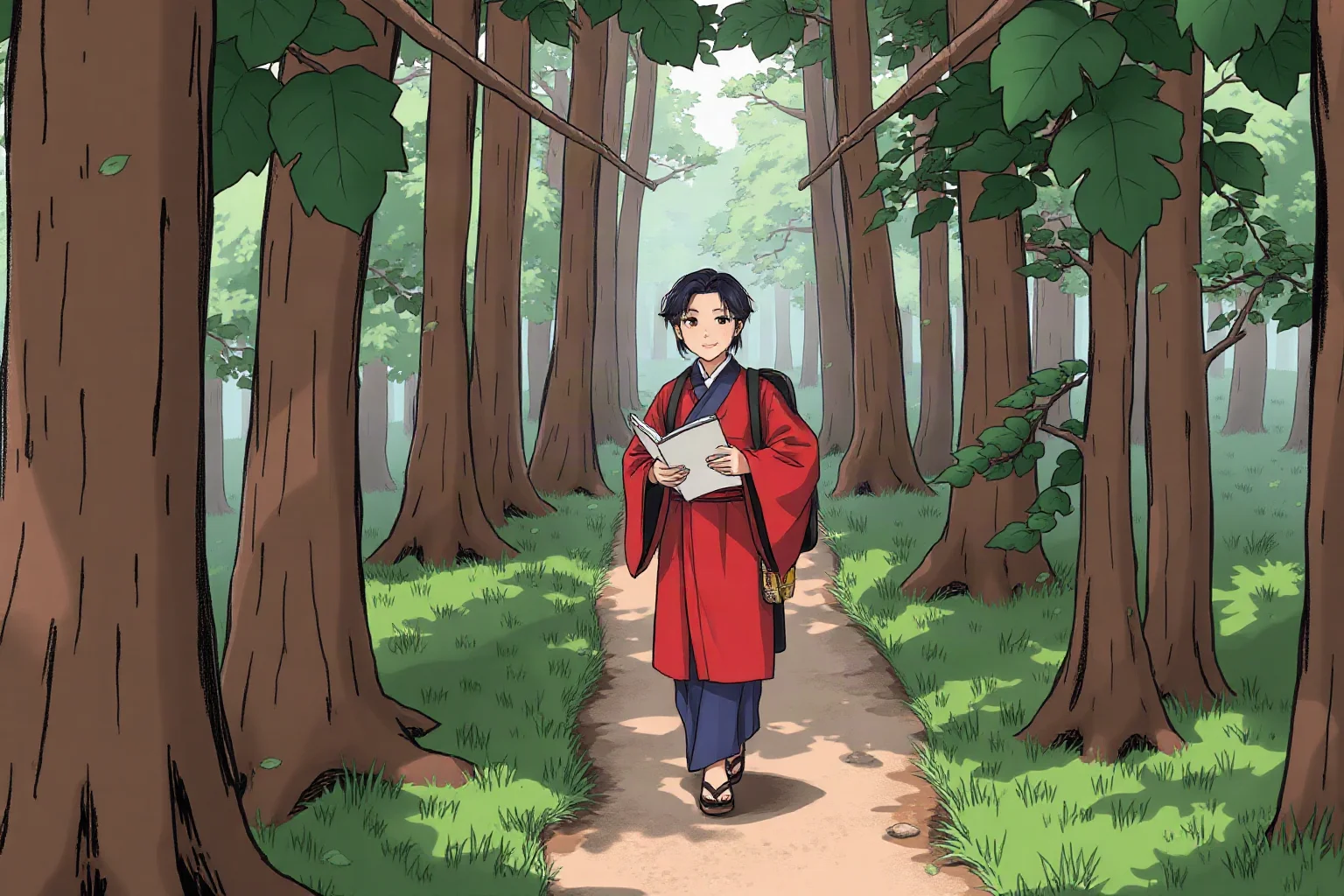 A Japanese poet in traditional dress walking a narrow forest path with a notebook, illustrative style