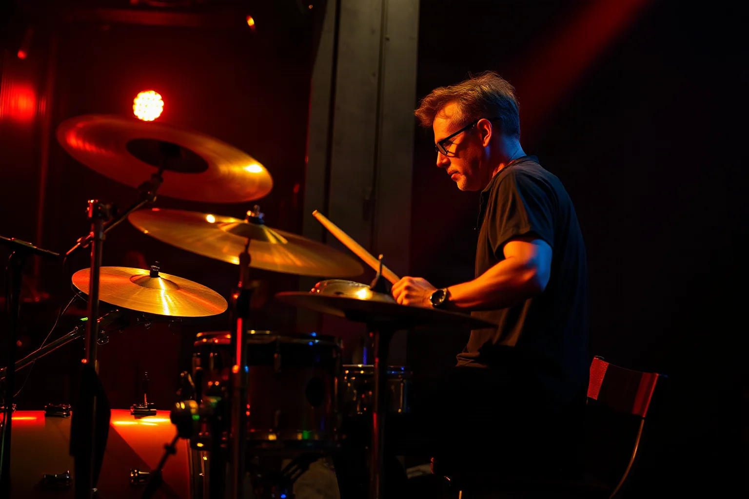 A jazz fusion drummer playing an elaborate kit with intense focus in a smoky jazz club