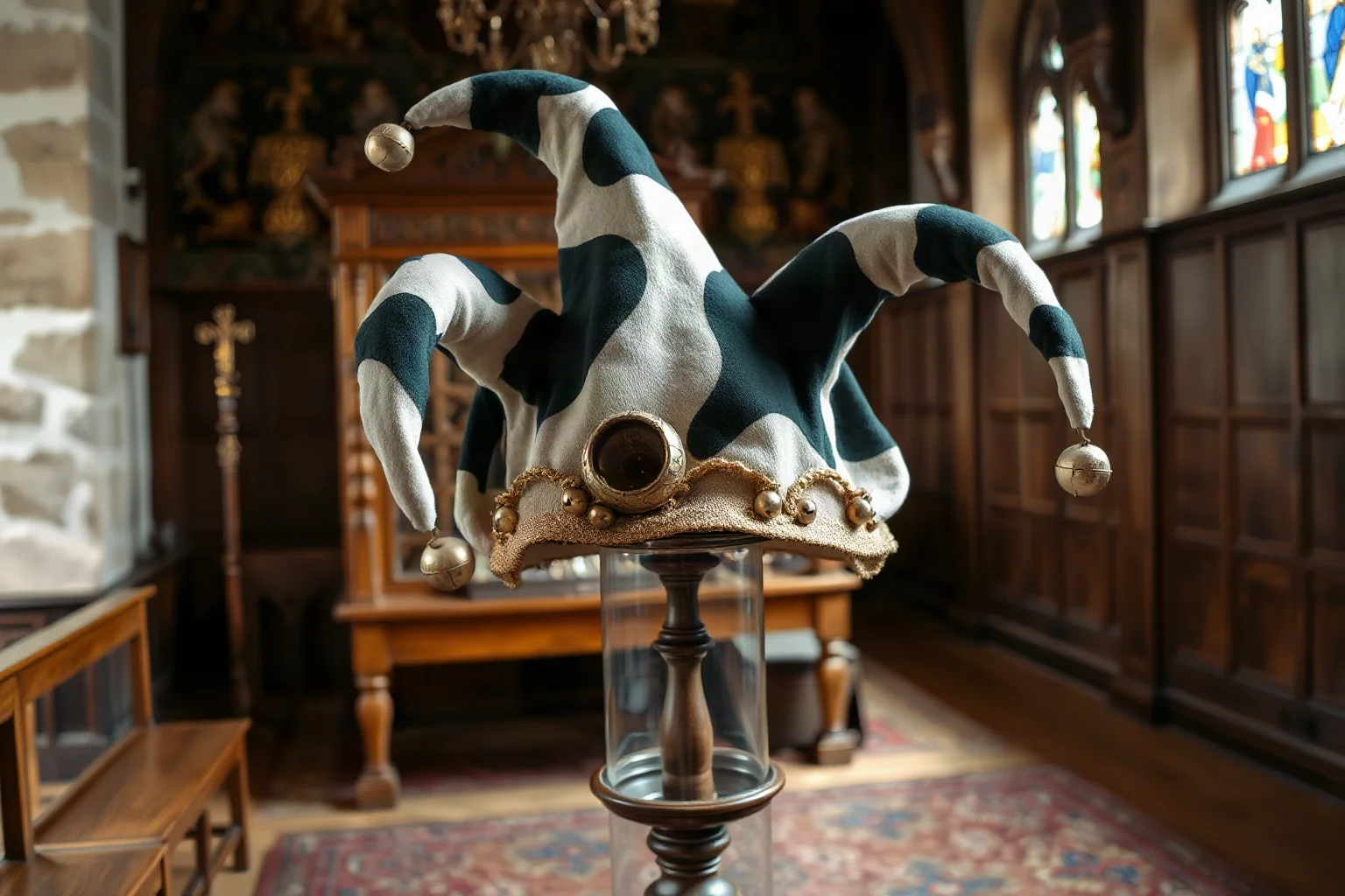 A jester's spotted cap with bells, known as a coxcomb, displayed on a wooden stand in a castle hall