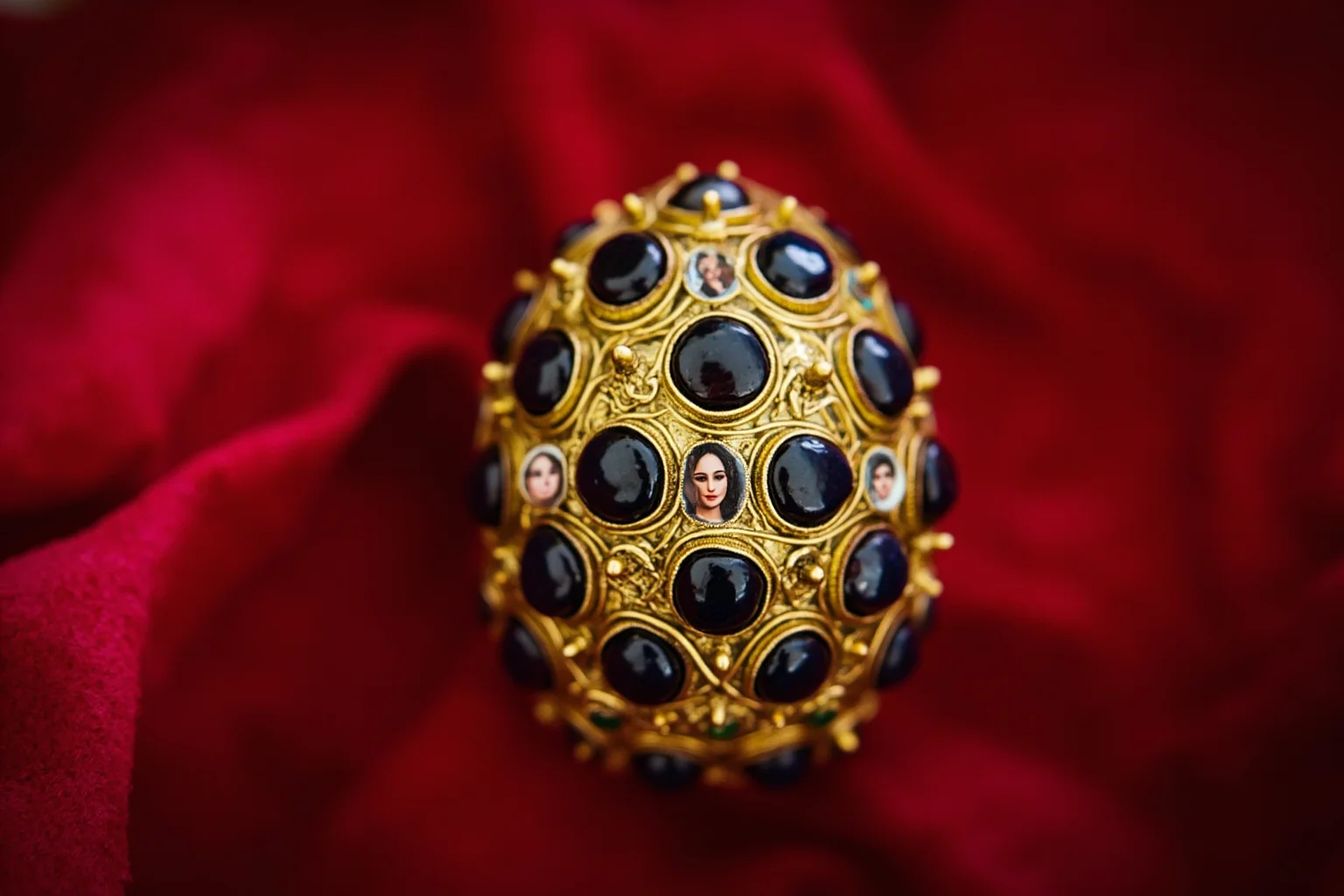 Missing Legendary Treasures That Are Yet to Be Found 20 A jeweled ornate Easter egg with gold filigree and tiny portraits, displayed on red velvet