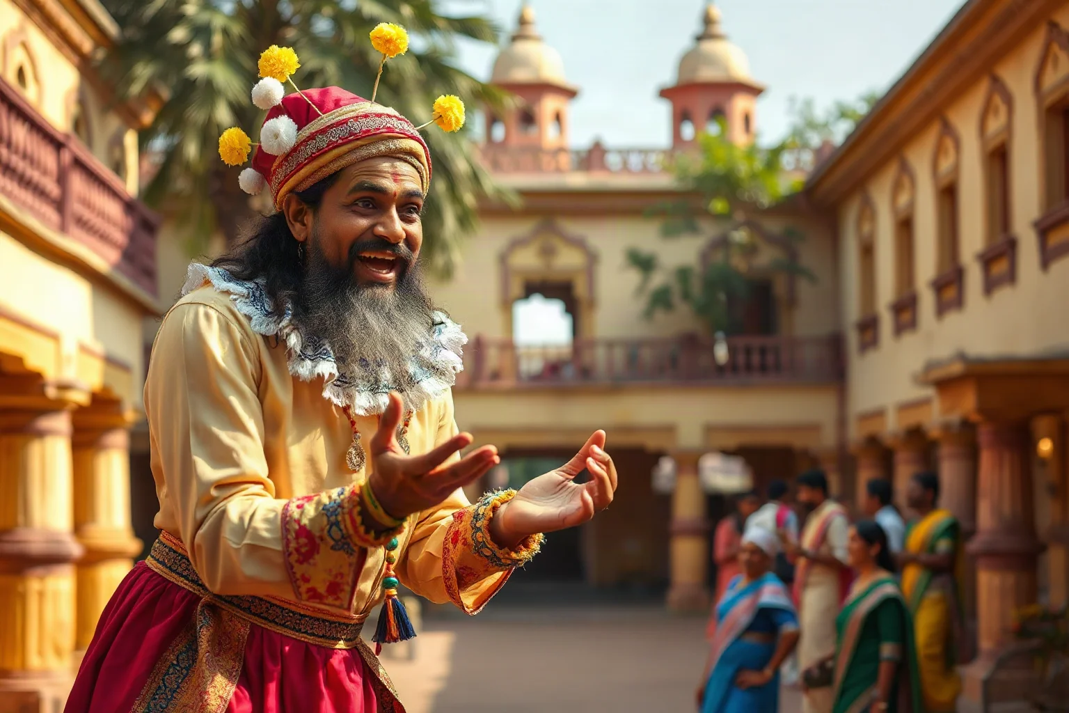 A jolly Bengali folk jester making villagers laugh in a colorful 18th-century royal courtyard
