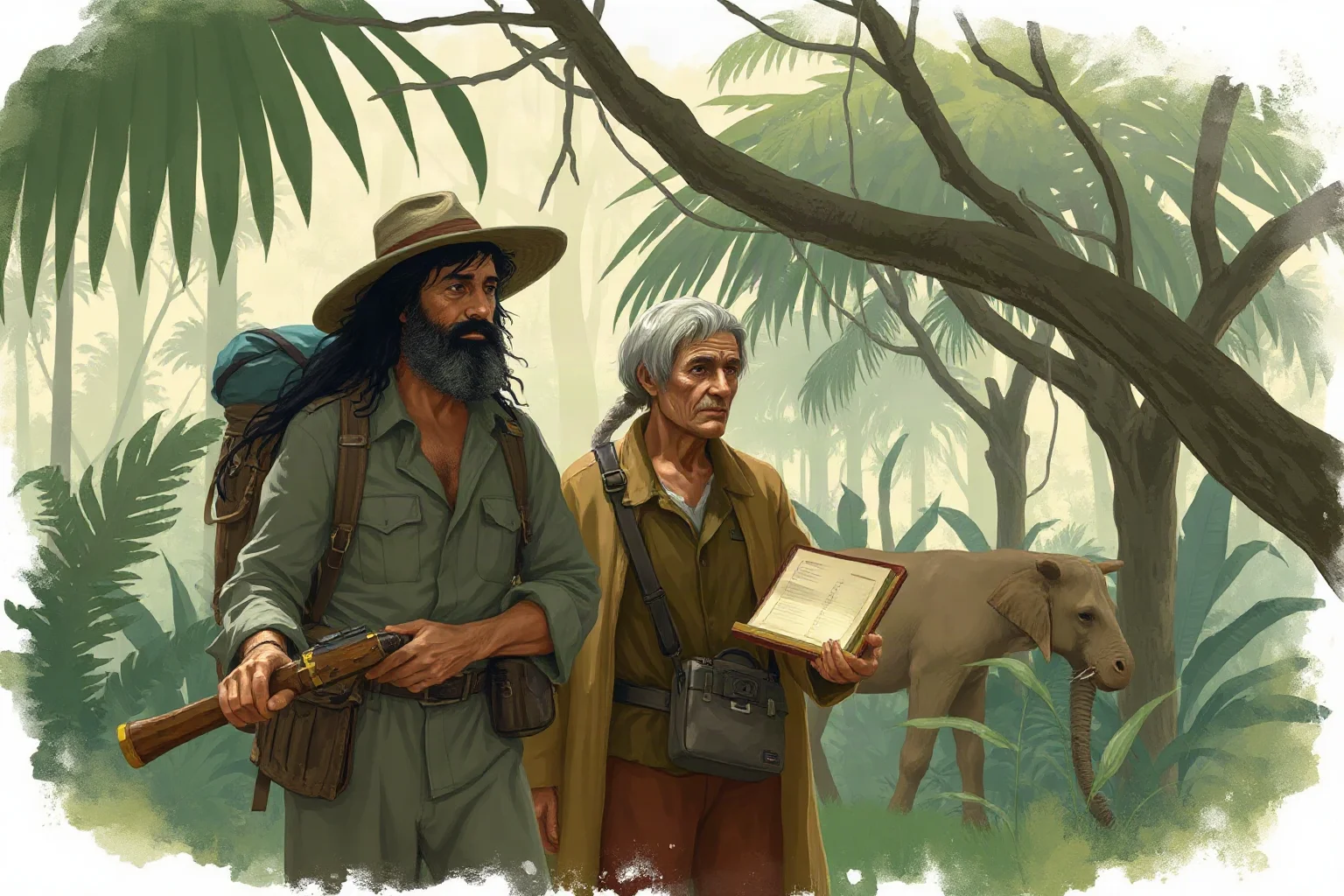 A journalist-explorer meeting a weathered traveler in a dense African jungle clearing, illustrated historical style