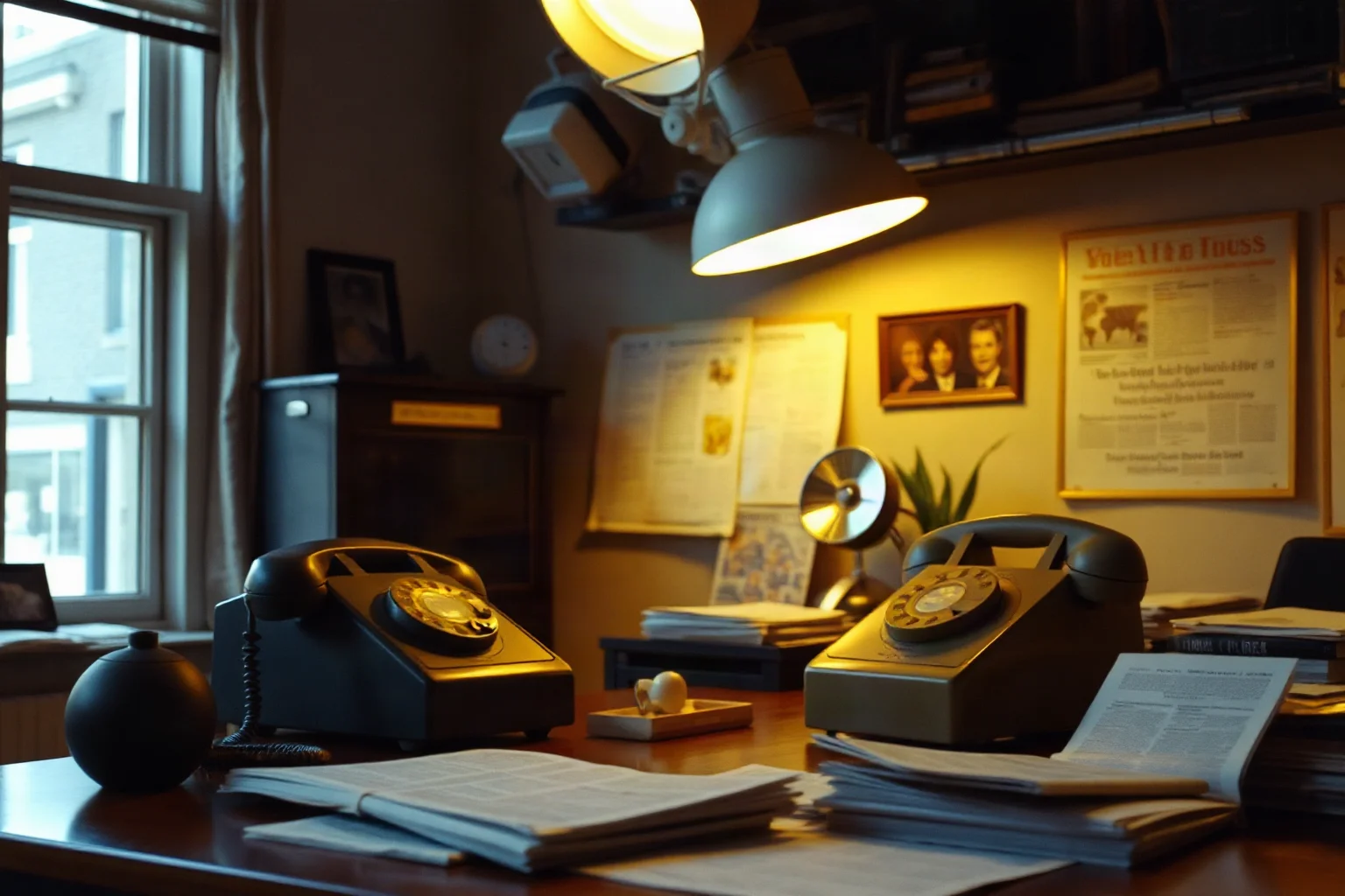 A journalist's desk with newspaper clippings and a rotary phone, warm 1990s newsroom lighting