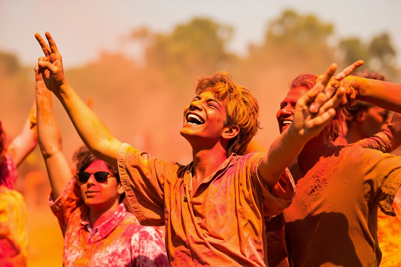 A joyful crowd covered in bright colored powder celebrating a Hindu spring color festival