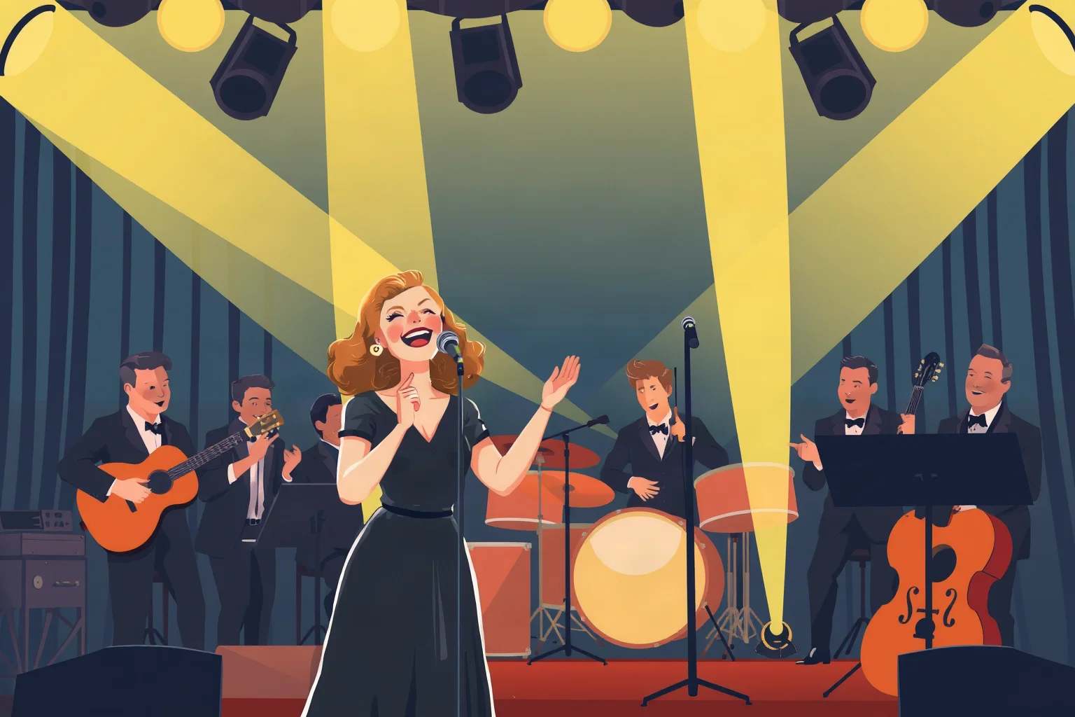 A joyful female jazz singer performing with a big band, 1940s stage design, illustration style