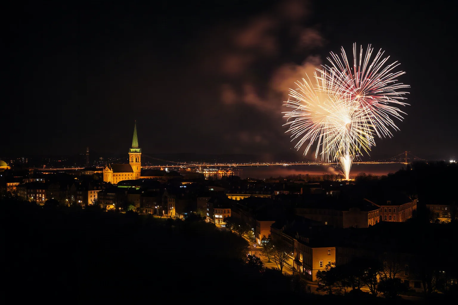 A joyful nighttime fireworks display over a European city skyline, celebrating a wartime liberation