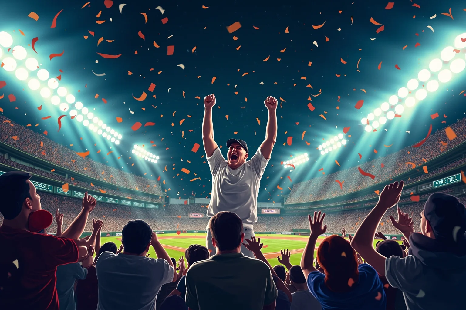 A jubilant baseball crowd celebrating with confetti falling over a stadium at night, extra-innings championship win, digital illustration