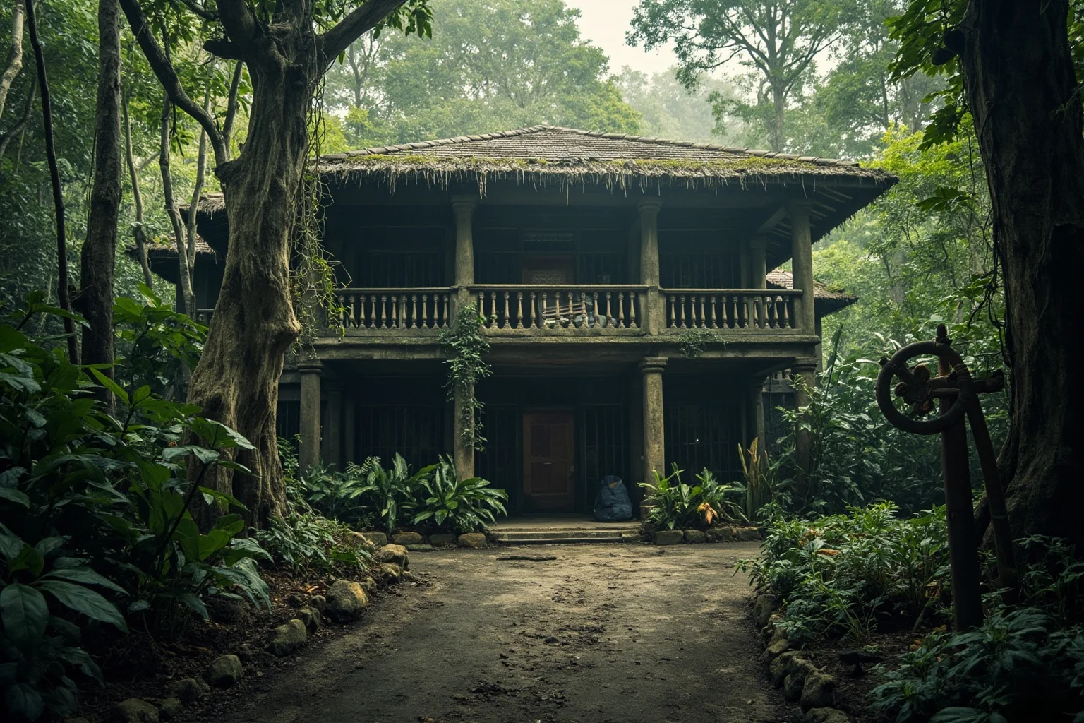 A jungle mansion compound with armed guards, evoking a South American drug cartel estate
