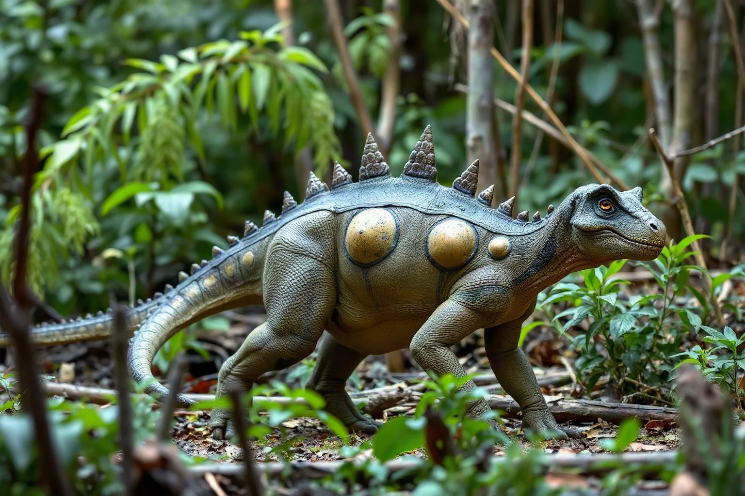 A Kentrosaurus with shoulder plates and tail spikes walking through Jurassic underbrush