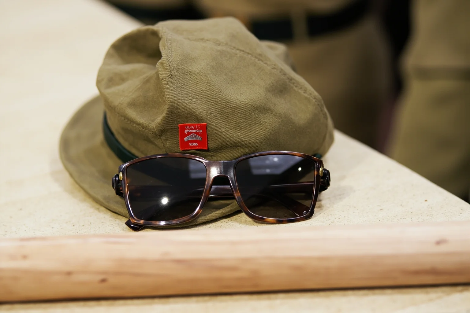 A khaki uniform with mirrored sunglasses and a wooden baton laid on a table, representing guard attire