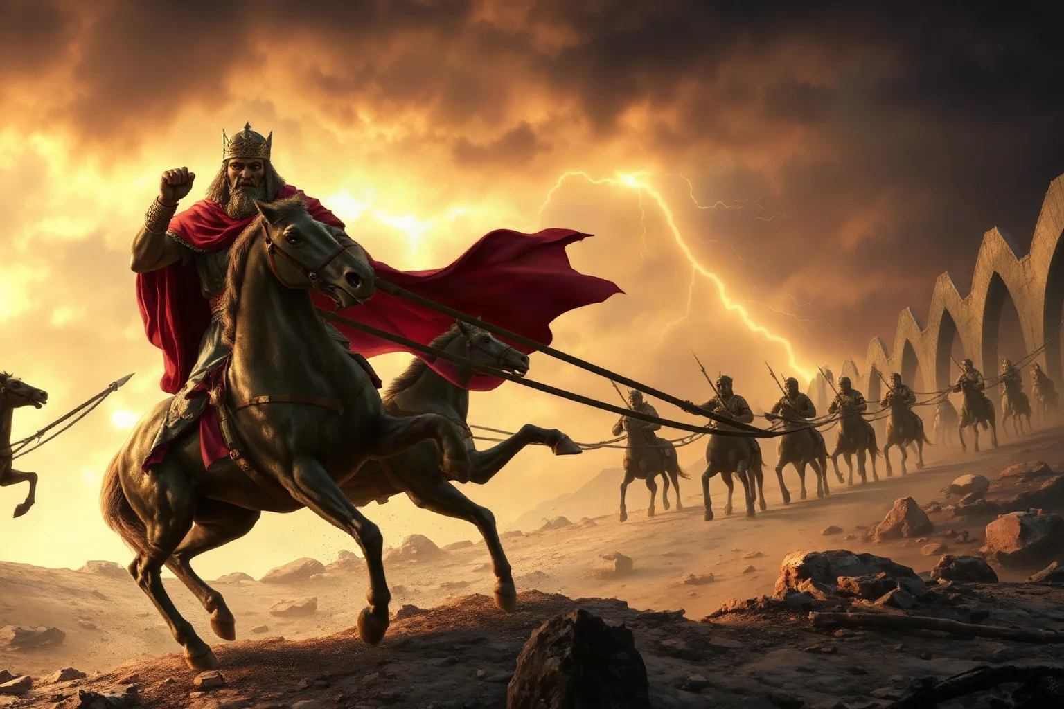A king dragging a bronze bridge behind chariots under a stormy sky about to be struck by lightning, dramatic mythological illustration
