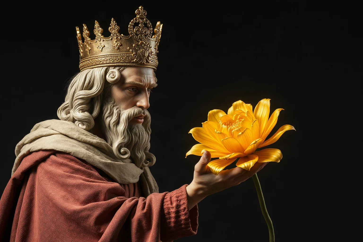 A king in ancient Greek robes staring in shock as a golden flower turns to solid gold under his touch