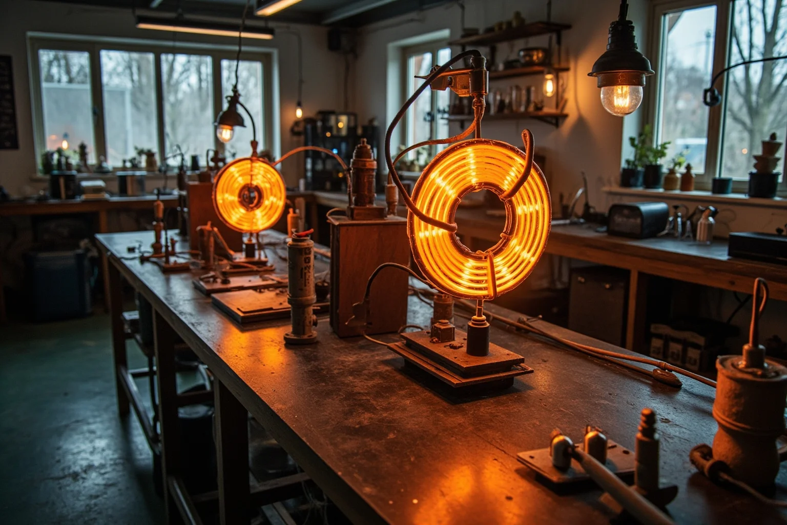 A laboratory filled with electrical equipment and Tesla coils demonstrating alternating current experiments