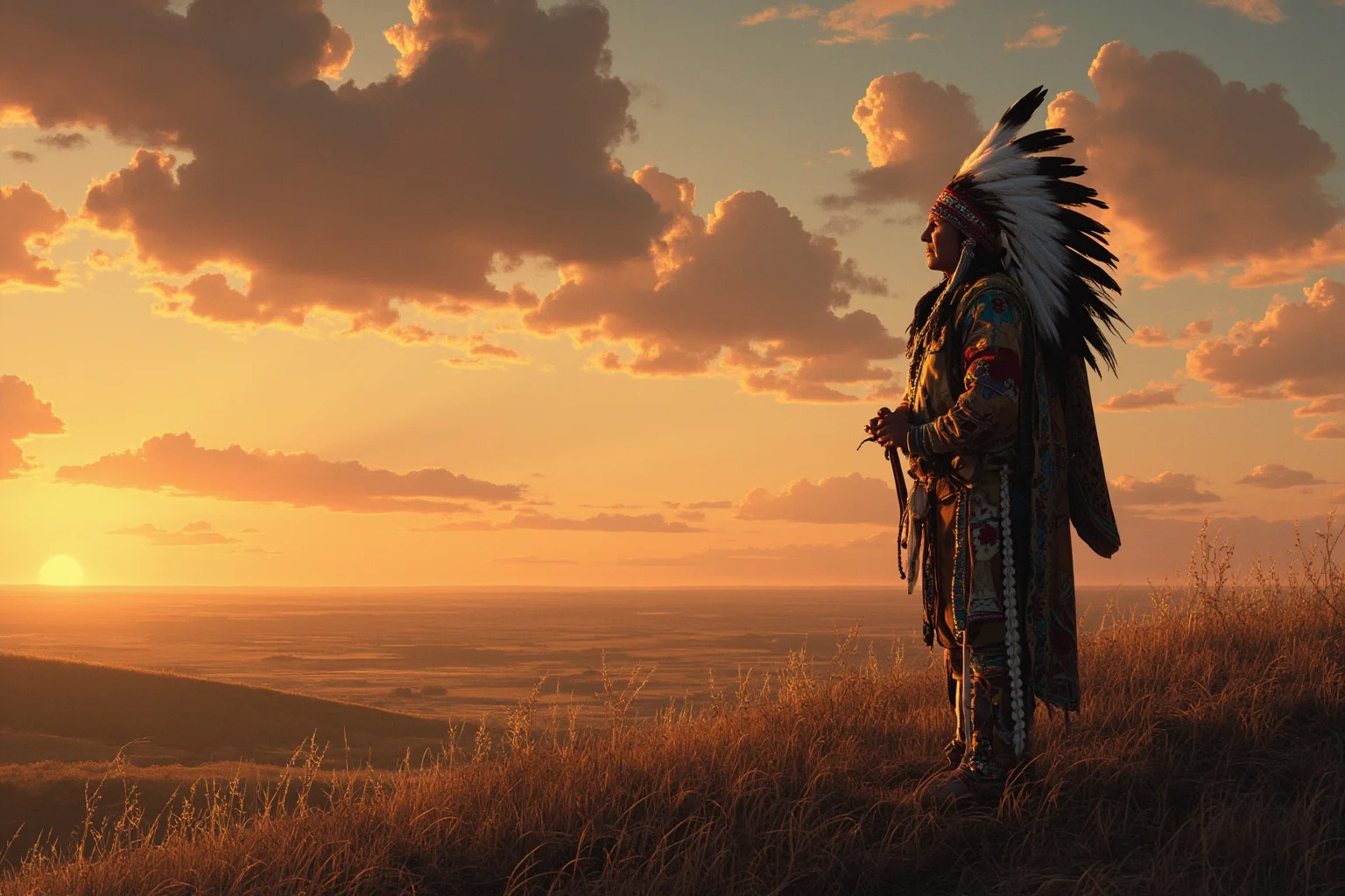 Most Interesting People in History: 22 Figures Who Shaped the World 22 A Lakota leader in traditional dress standing on a plains hilltop at dusk, respectful historical illustration style