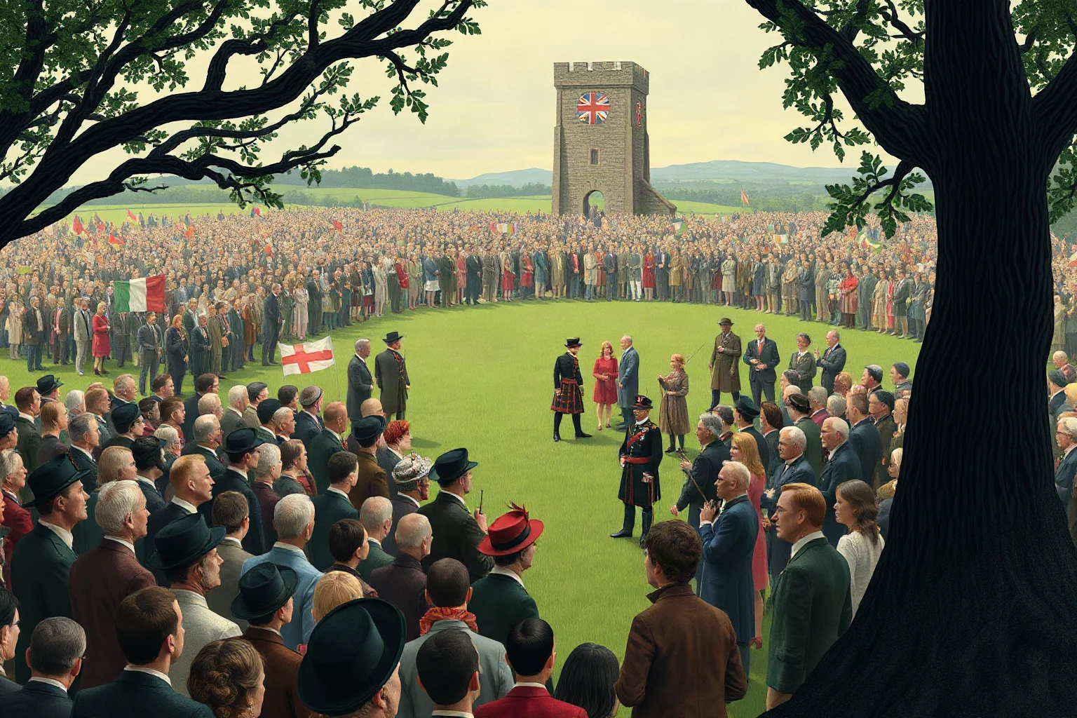 A large 19th-century outdoor political rally crowd gathered on green Irish countryside, illustrative style