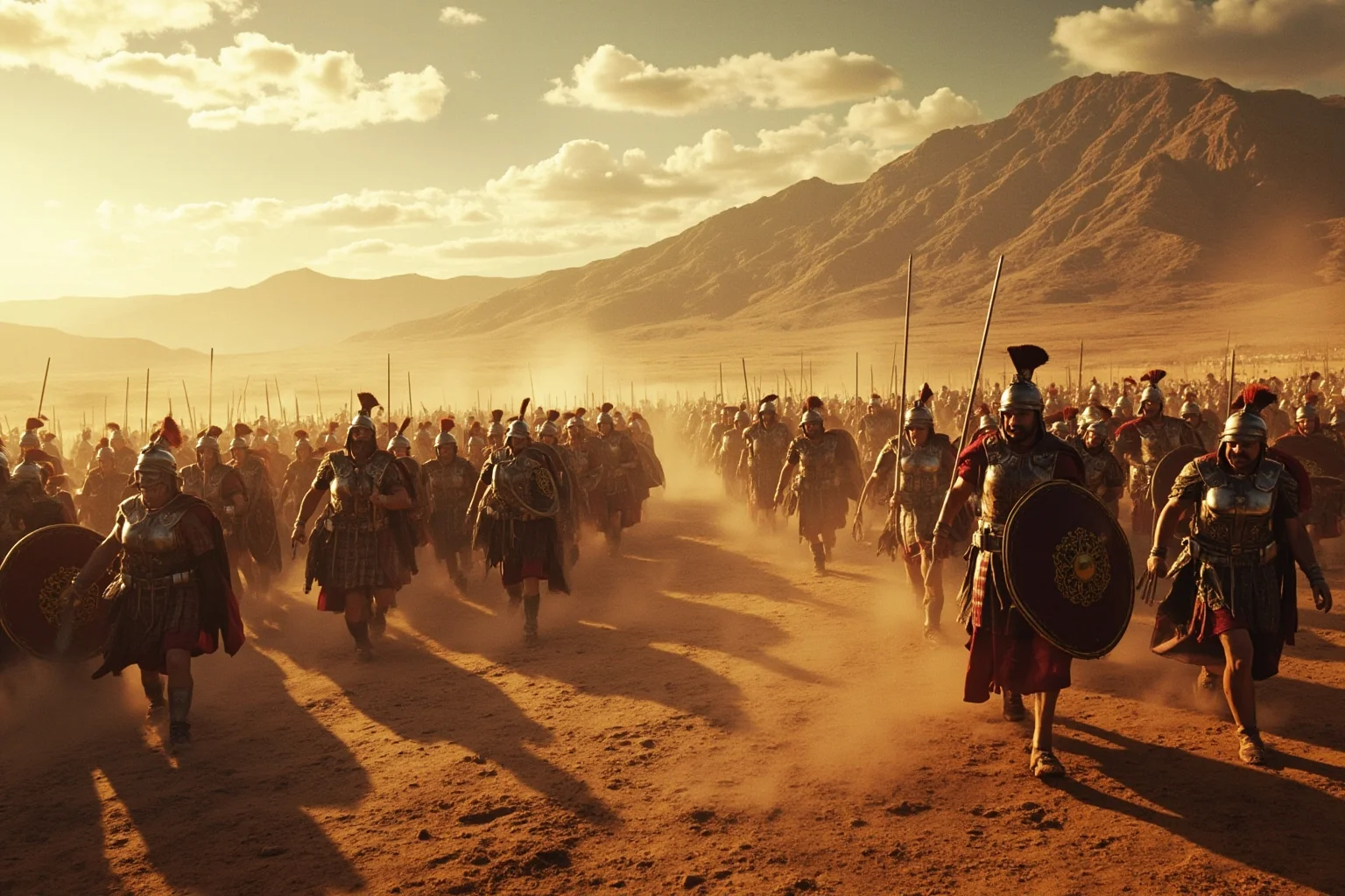 23 Important Ancient Greek Battles In History 6 A large ancient battlefield with Greek hoplite phalanxes advancing across a dusty plain, mountains in background