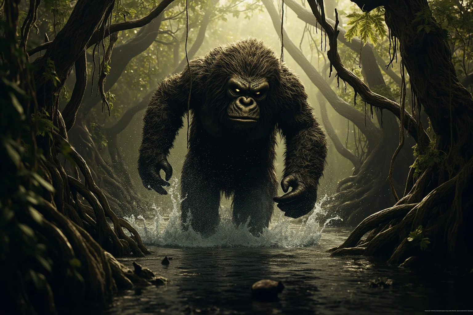 Famous Cryptids: 10 You Know and 16 Wild Ones You Probably Don't 9 A large ape-like creature moving through a murky, vine-covered Florida swamp
