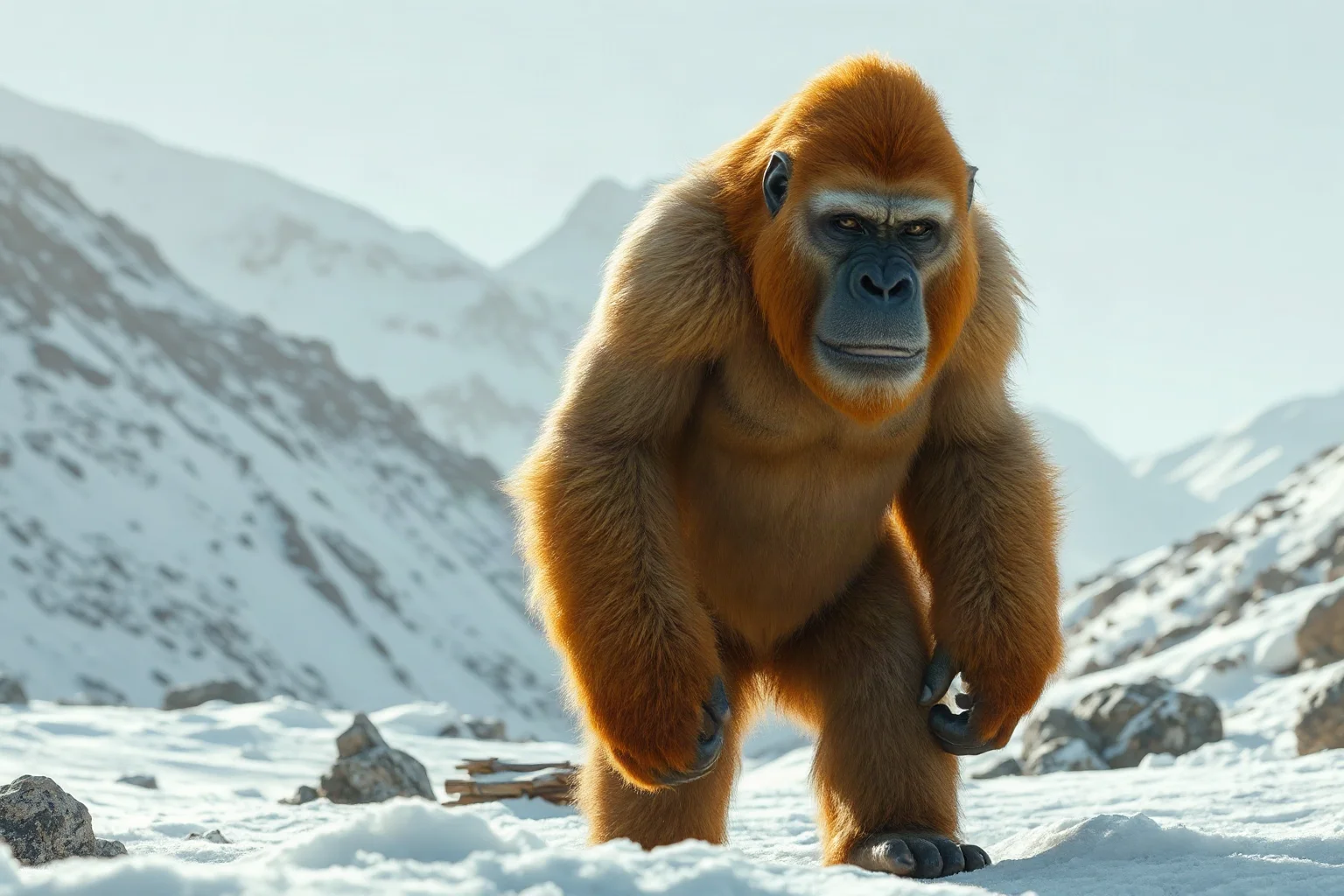 A large ape-like Yeti figure walking through snowy Himalayan mountains