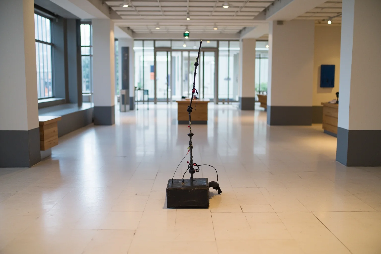 A large bent metal antenna fragment displayed upright in a spacious museum hall