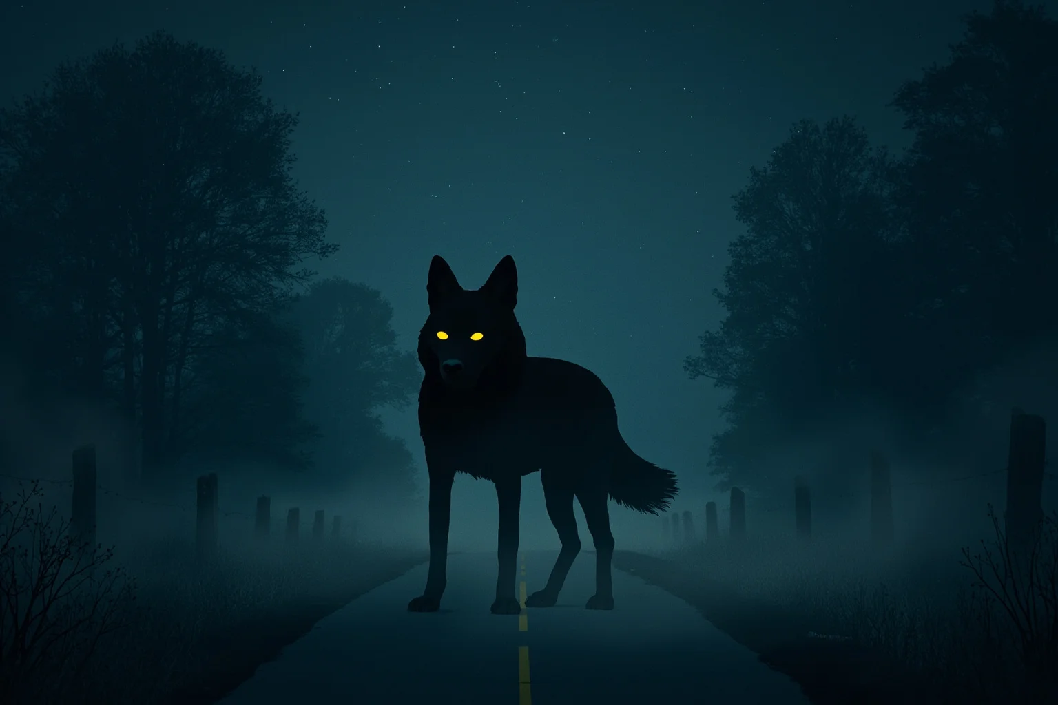 Familiars: The Long, Strange History of the Witch's Animal Companion 8 A large black dog with glowing eyes standing on a foggy country road at night, folklore illustration