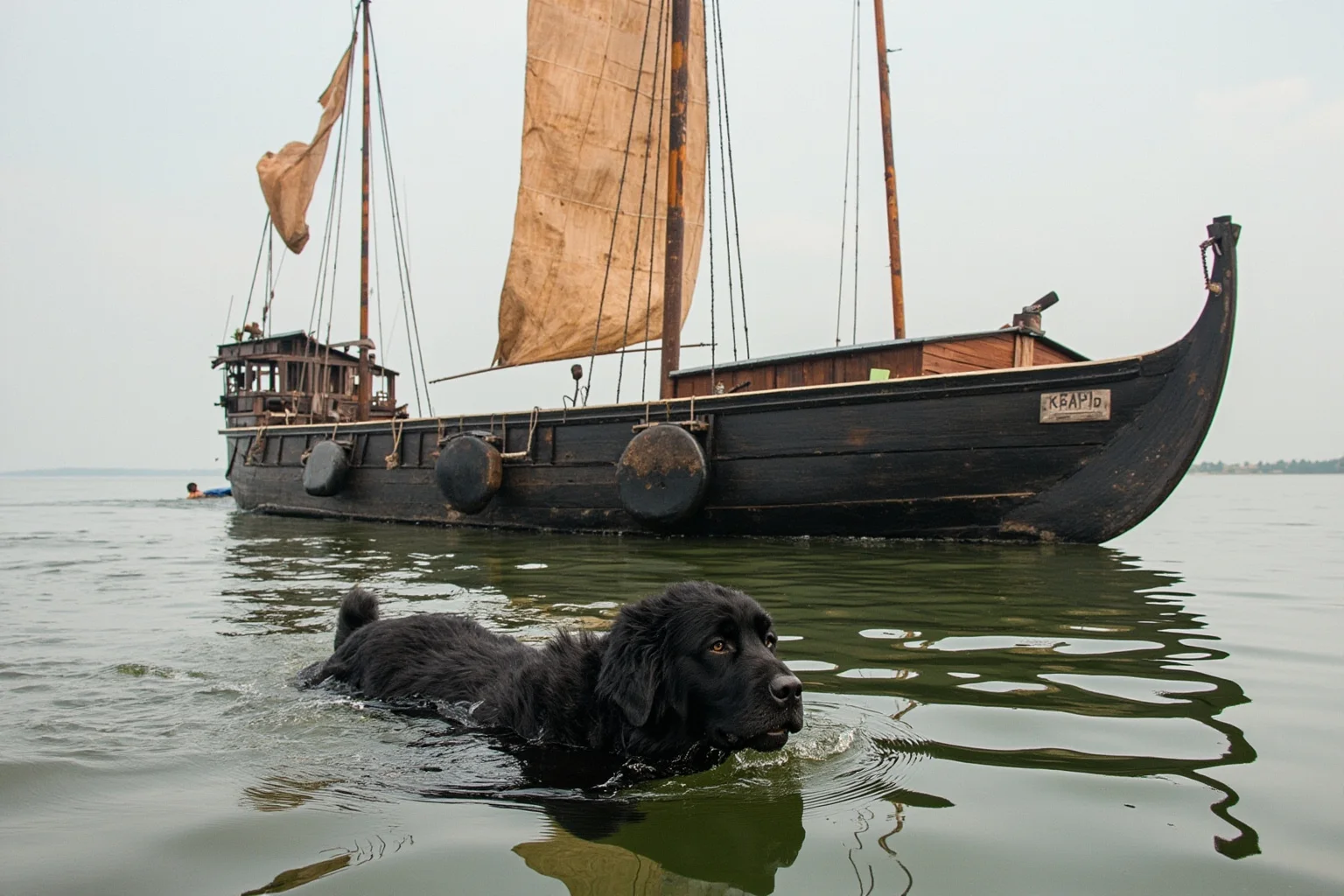 Most Famous Dogs in History: 22 Iconic Canines Who Made Their Mark 3 A large black Newfoundland dog swimming near a wooden 19th-century river expedition boat