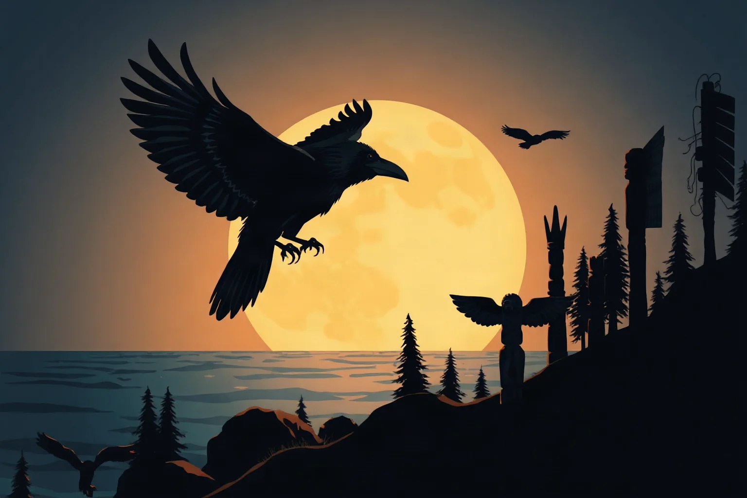 A large black raven perched above a moonlit ocean shoreline with totem poles nearby, Pacific Northwest folklore illustration style