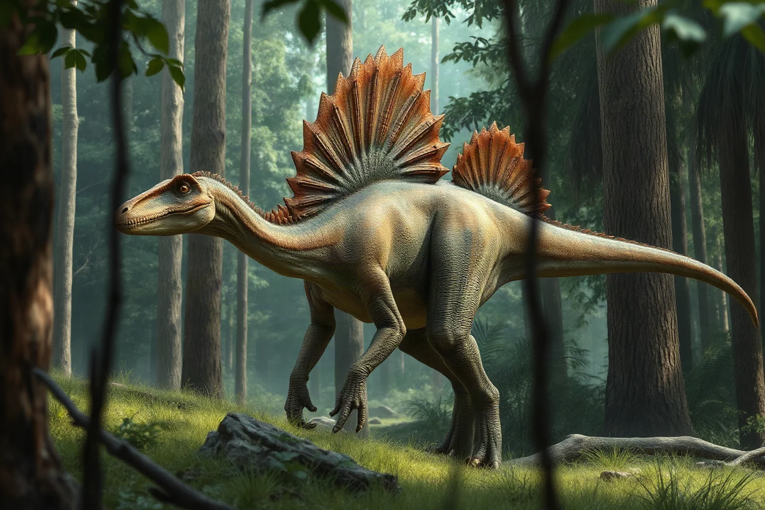 A large crested Dilophosaurus without any frill, shown at accurate bigger size in a forest, realistic paleoart style