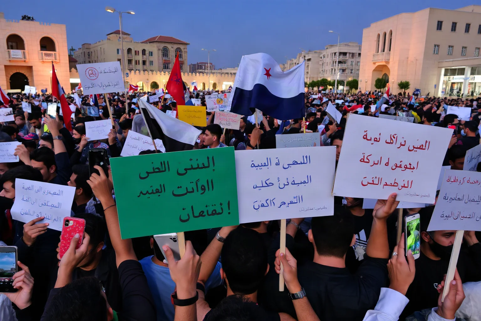 A large crowd holding phones and handwritten signs in a Middle Eastern city plaza