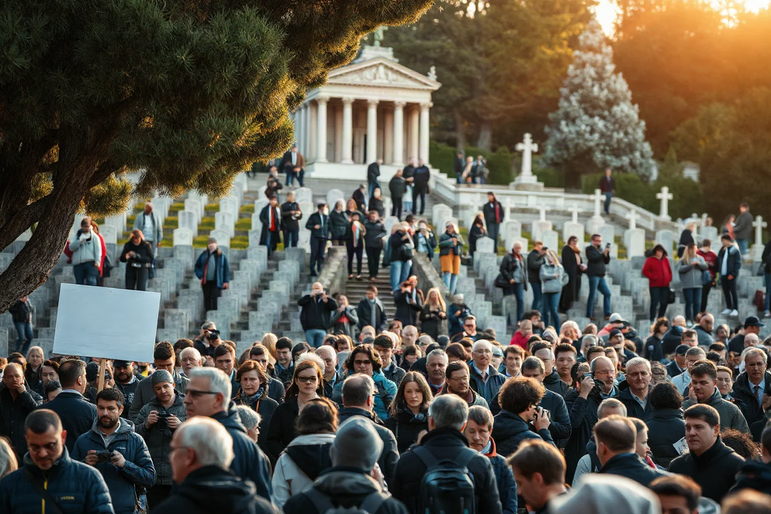 A large crowd of tourists with cameras near a cemetery on a hillside, symbolizing enduring public fascination