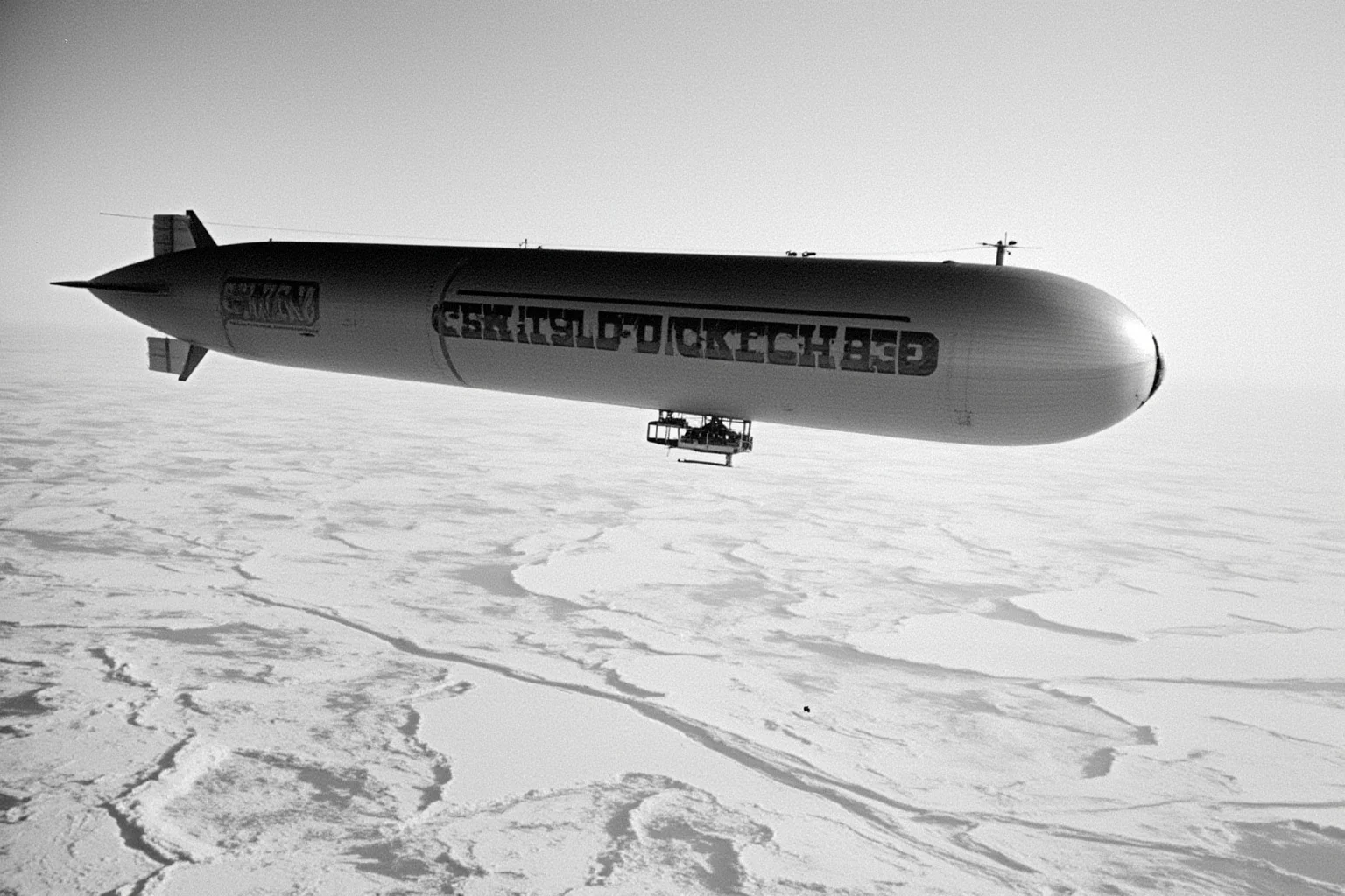 A large early 20th-century airship flying low over jagged sea ice near the North Pole