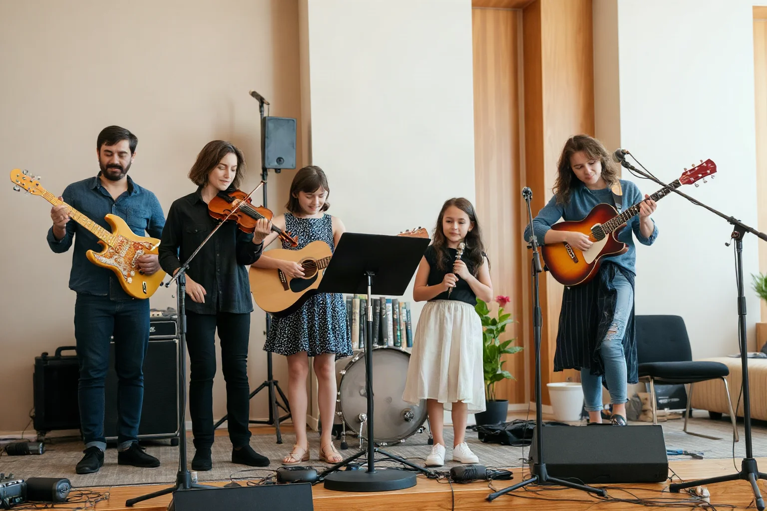 A large family of musicians performing together on stage, multiple siblings playing different instruments, contemporary setting