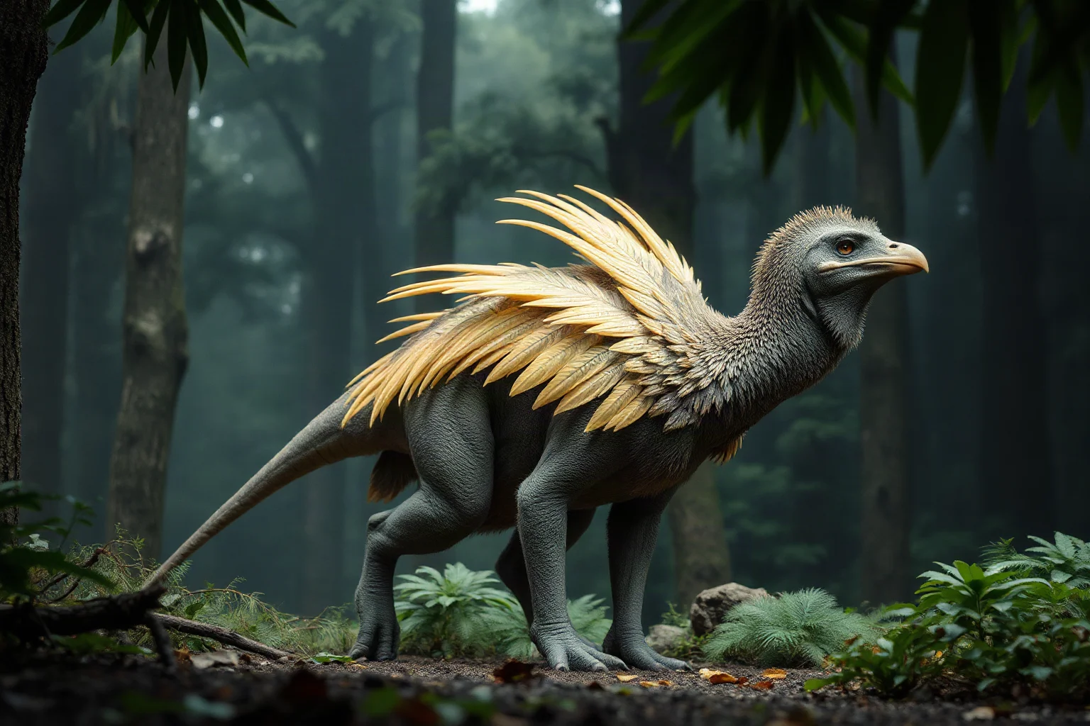 A large feathered Yutyrannus standing in a misty Early Cretaceous forest