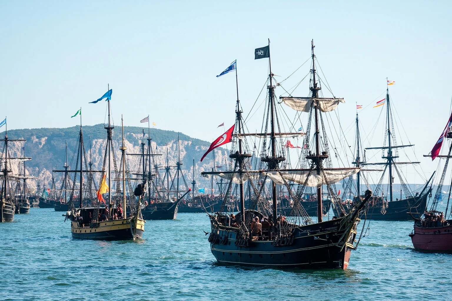 A large fleet of colorful flagged pirate ships anchored together in a coastal bay