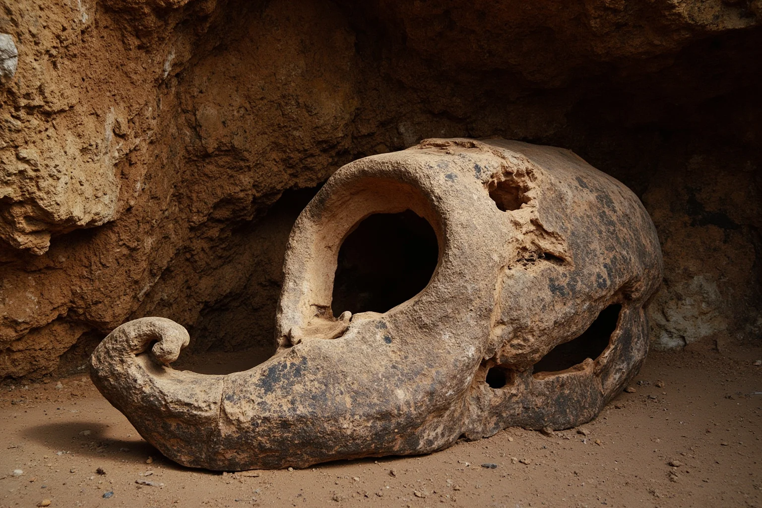 Myths That Defined Cultures: 20 Legends Born From True Events 21 A large fossilized elephant skull with a prominent central cavity displayed in a rocky Mediterranean cave