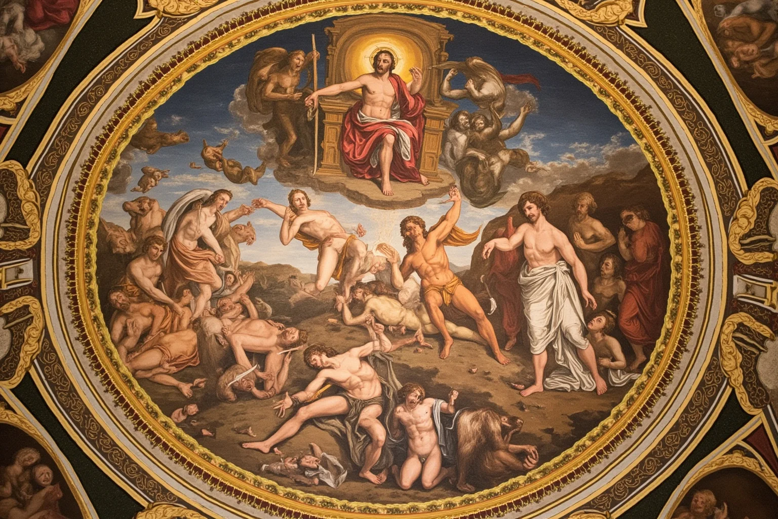 22 Creepiest Pieces of Medieval Art (And the Strange History Behind Them) 9 A large fresco showing Christ enthroned above chaotic scenes of tormented figures being pulled apart by small horned demons