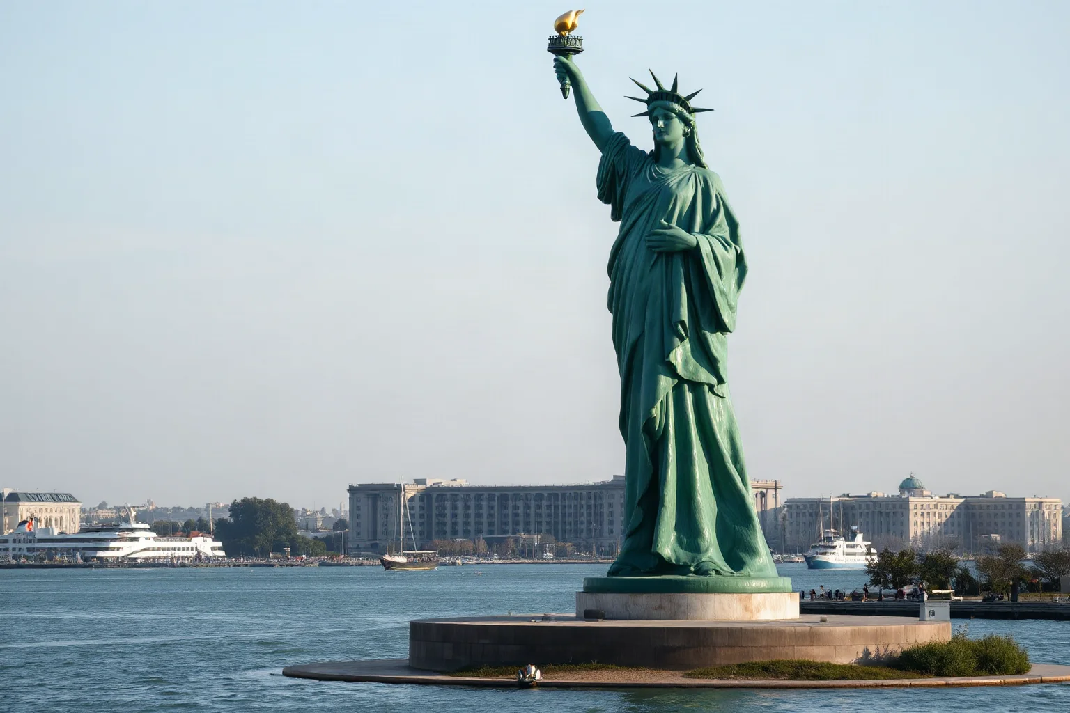 A large green-patina statue of a robed woman holding a torch aloft, on an island in a harbor