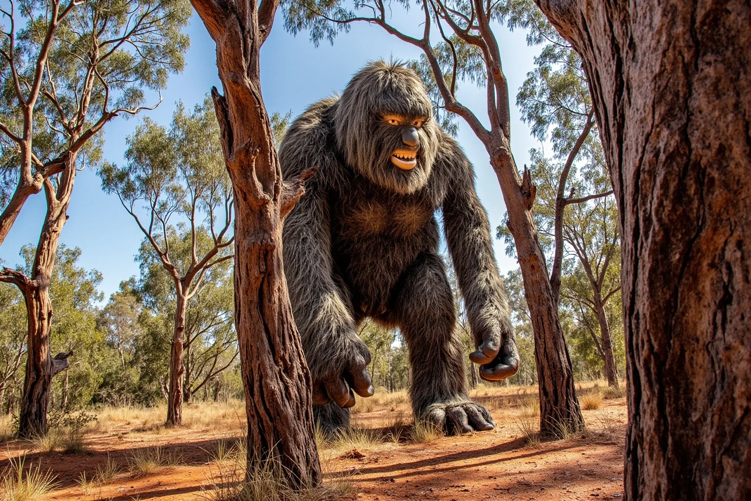Famous Cryptids: 10 You Know and 16 Wild Ones You Probably Don't 23 A large hairy humanoid figure standing among eucalyptus trees in the Australian outback