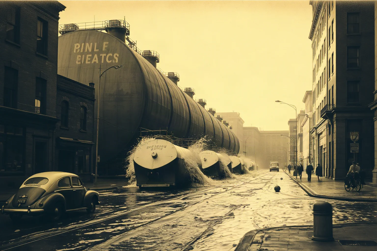 A large industrial storage tank rupturing and flooding an early 20th-century city street, sepia tone
