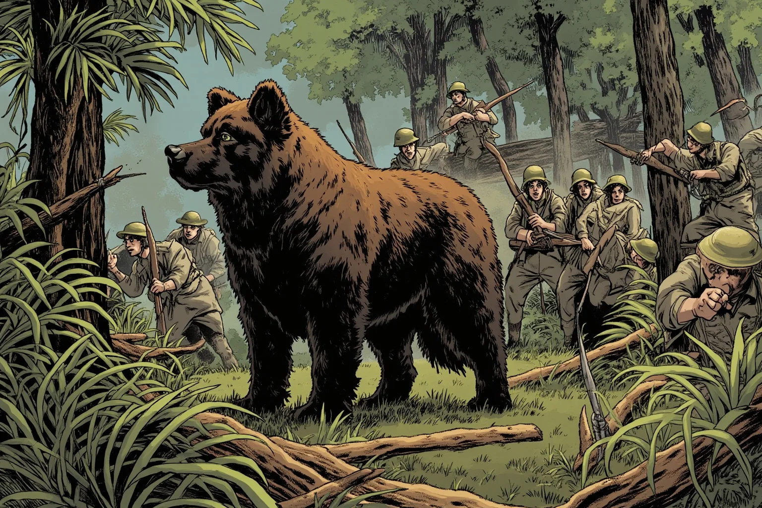 22 Animal Heroes Who Changed Human History 9 A large Newfoundland dog standing protectively near soldiers in a jungle battle scene, illustrative style