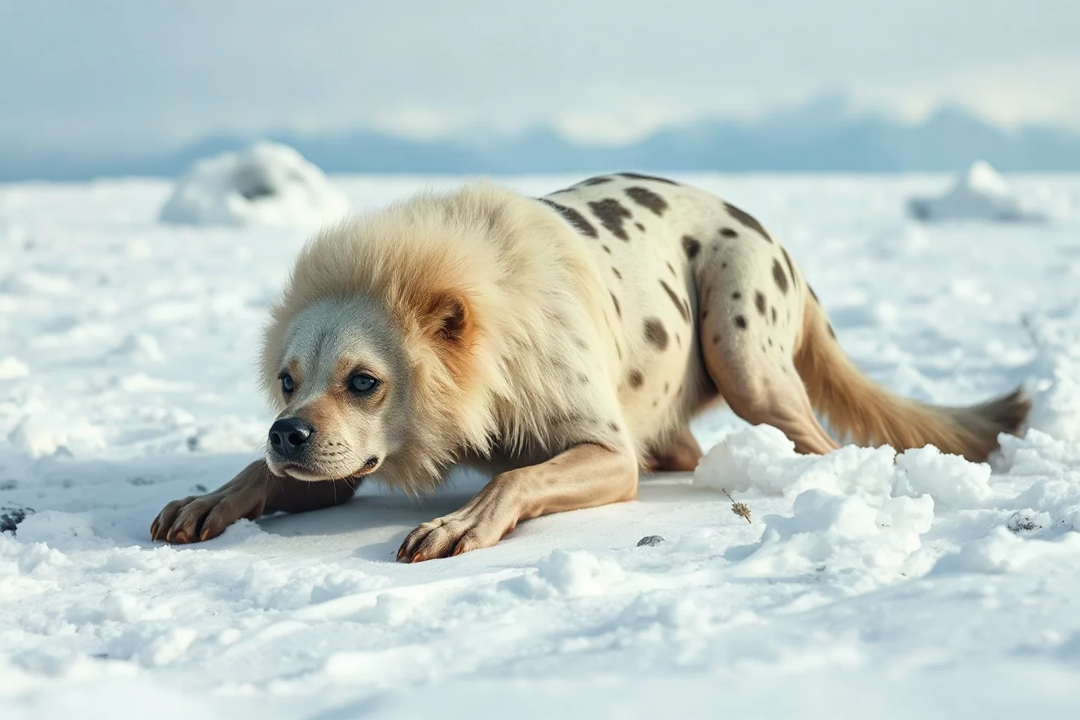 A large patchy-furred hairless dog-like spirit lurking on an Arctic snowfield